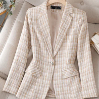 Yitimuceng Plaid Blazer for Women Autumn Winter 2023 New Korean Fashion Chic Slim Jackets Office Ladies Long Sleeve Casual Coats