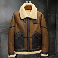 2019 New Mens Brown B3 Shearling Jacket Sheepskin Coat Leather Jacket Fur Coat Airforce Flight Jacket Mens Winter Coats