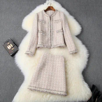 Tesco Blazer Suit Set for Ladies White Bead Skirt Suit Set for Office Lady Tweed Suit For Women Party Skirt ropa de mujer