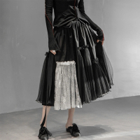 【設計所在】新暗黑風蕾絲撞色網紗高腰仙氣中長裙 Q-961(S-M可選)