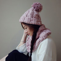冬天保暖月子帽子護耳卷邊粗針毛線帽女毛球針織帽圍脖套裝兩件套1入