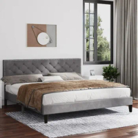 Bed frame, upholstered, headboard with diamond-shaped button tufting and nail head trim, velvet king-size bed frame