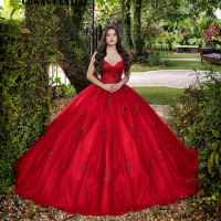 Magnificent Red Lace Appliques Ball Gown Quinceanera Dress Mexican Sweetheart Spghetti Sweet 15 Dress Corset Vestidos De 15 Año