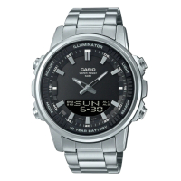 【CASIO 卡西歐】超個性十年電力電話備忘錄休閒雙顯錶-黑X不鏽鋼錶帶(AMW-880D-1A)