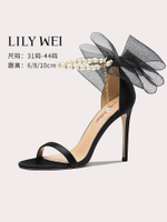 Lily Wei珍珠一字帶高跟鞋百搭款休閑露趾涼鞋涼鞋日常大碼41-43