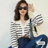 ＜109＞  Phong Cách Pháp 2025 Áo Mùa Thu Sọc Đen Trắng Dài Tay V Cổ Áo Dệt Kim Áo Len Cardigan Áo Sơ M