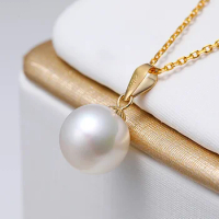 Real 18K Gold Natural Freshwater Pearl Pendant Necklace Pure Yellow Gold Women White Round Pearl D0002
