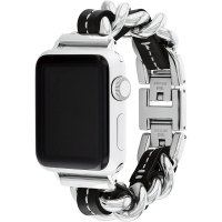 【COACH】Apple Watch 錶帶 38/41mm 適用 鍊帶結合皮錶帶 - 銀x黑(不含手錶)