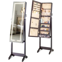 LED Light Jewelry Cabinet Standing Full Screen Mirror Makeup Lockable Armoire, Large Cosmetic Storage Organizer w/Brush