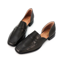 【HERLS】樂福鞋-全真皮立體抓褶橫帶側V方頭低跟樂福鞋(黑色)