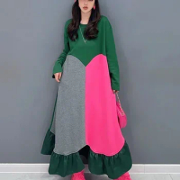 XITAO Contrast Color Patchwork Dress Fashion Asymmetrical Women Causal Long Sleeve Pullover Dress Spring Autumn New HQQ1925