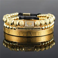3Pcs Luxury Gold Square Crown Charms Men Bangle Sets Roman Numeral Bangle Handmade Braided Adjustable Bracelet For Men Pulseira