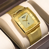 NIBOSI Mens Watches Top Brand Luxury Blue Square Quartz Watch Men Slim Waterproof Golden Male Wristwatch Men