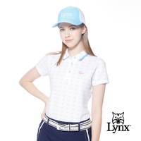 【Lynx Golf】女款吸排抗UV合身版花邊領設計滿版Lynx字樣印花短袖POLO衫/高爾夫球衫-白色