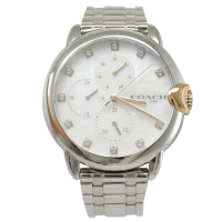 【COACH】專櫃款 經典LOGO三眼晶鑽珍珠不銹鋼石英時尚腕錶(銀)