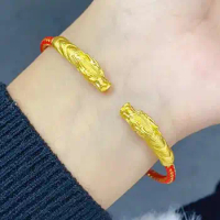 Pure 24K Yellow Gold Bracelet 999 Gold 5D Loong Head Bracelet