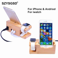 For iphone apple watch Charging Dock Station for Iphone XS XR 8 7 7 Plus 6s 6 Plus 5S SE Wooden 3A Stand Holder Charger USB Port