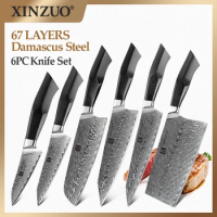 XINZUO 6PCS Kitchen Chef Knives Set VG10 Core Natural Damascus Veins Steel High Carbon Best Sharp Cutting Meat Cooking Knife Set