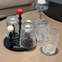 【L Ctal】    4pcs Glass Set for Drinking 10.5oz Household Whiskey Cups Diamond Painting Wine Glass Ju