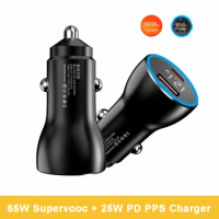 65W Supervooc 2.0 + 25W PD PPS Fast Car Charger For iPhone 13 Samsung S21 OPPO Find X2 Pro Reno 4 3 Realme 8 7 6 Pro USB-C Cable