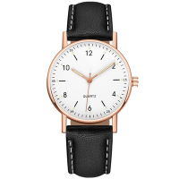 Geneva 日內瓦-米歇爾商務簡約中性數字標手錶-黑帶白面玫金框/36mm