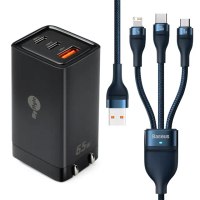 【MyStyle】65W GaN氮化鎵極速充電器-黑+倍思 66W USB TO TYPE-C/Lightning/Micro快速充電線-藍(三孔1A2C)
