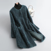 2023 Autumn/Winter New Granular Sheep Fleece Fur Coat for Women's Mid length Round Neck Lamb Fur Integrated Coat
