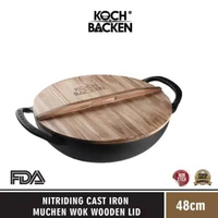 KOCH&BACKEN Nitriding Pre-seasoned Cast Iron Wok Munchen With Wooden Handle 48cm - Wajan Kuali Jumbo