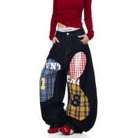 Checkered patchwork embroidered curved knife jeans, men's and women's loose wide leg pants