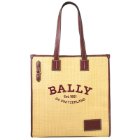 BALLY CRYSTALIA 電繡LOGO造型直式草編肩背購物包/托特包/琴譜包(淺褐/酒紅邊)