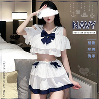 角色扮演 Cosplay 學生水手服 ！海軍風水手方領露肩分體式雙層荷葉邊三件組 E535762