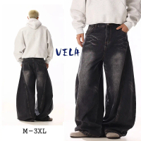 Vela กางเกงยีนส์ผู้ชาย ทรงบอลลูน สีดํา ขากว้างลําลอง ขายาว ทรงหลวม ขนาดใหญ่ แนวสตรีท แนวตรง baggyjea