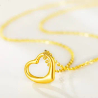 Fashion Real 14k Pure Gold Color Frost Hollow Love Pendant Necklace for Women Bride 45CM 999 Gold Plated Chain Fine Jewelry Gift