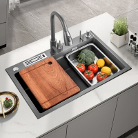 廚房洗菜盆灰色水槽單槽 家用304不銹鋼洗碗槽雙臺階淘菜盆