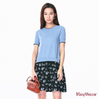 KeyWear奇威名品    質感假兩件印花拼接針織洋裝-藍色