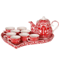 Chinese Wedding Ceramic Tea Pot Set Traditional Teacup Happiness Red Teapot Heart-shaped Tray Set Teaware Marriage Celebration