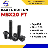 Baut L Button Baja 10.9 M5 X 20 FT Pitch 0.80 Button Socket Cap Screw / Button Baja Hitam M5 Pitch 0