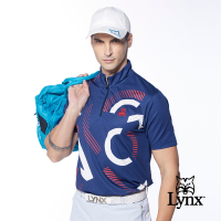 【Lynx Golf】男款吸排抗UV合身版Lynx英文圖樣短袖立領POLO衫/高爾夫球衫-深藍色