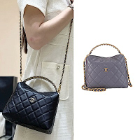 CHANEL 香奈兒 粒面牛皮鍊帶手提包(灰色) AP4066