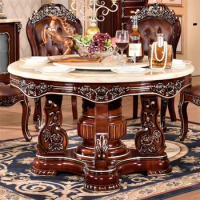 European Style Solid Wood Dining Set Family Marble Top Dining Table Round Shape Customized Size Kitchen Table Set
