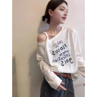 Foreign Trade Clearance ~ Overstock Brand White Asymmetrical Neck Off-Shoulder Letter Print T-Shirt 