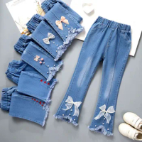 Spring Autumn Kids Cowboy Bow Pants Girls Jeans Casual Pocket Flared Trousers Children Clothing Kids Bell-bottoms Jeans 4-10Yrs