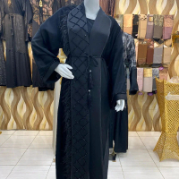 Abaya. Inner Outer Lepas Pasang. Motif Payet+Rumbai Bulu