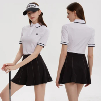 G-LIFE 24 Golf New Women's Clothes College Style Short Sleeve Lapel Tops Ladies Sports Ruffle Pleated Skort Golf Outfit