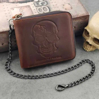 Biker Retro Skull Printing Design Real Leather Wallet Mens Card Holder Zipper Wallet with Chain