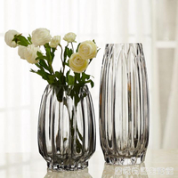 簡約豎棱玻璃花瓶創意彩色透明百合花器客廳大號水養插花花瓶擺件 全館免運