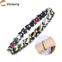 Vinterly Black Magnetic Bracelets for Women Chain Steel Magnetic Bracelet Benefits Germanium Punk Stainless Steel Bracelet Women
