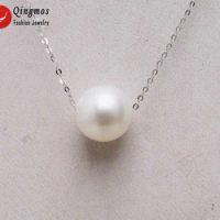 Qingmos 9-10mm Round AAA Natural Freshwater White Pearl Pendant Necklace for Women White 18K White Gold Chain 18" Chokers