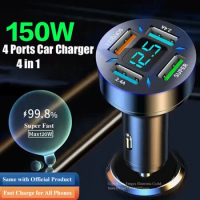150W 4 Port Car Charger Fast Charging for iPhone 14 Pro Max 13 12 11 Mini Oppo OnePlus Huawei Xiaomi Samsung Mobile Phones