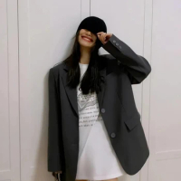 Jacket for Women's Fashion Korean Black Long Sleeved Suit Back Split Office Lady Blazer Coat Autumn Winter Jacket Loose Coat